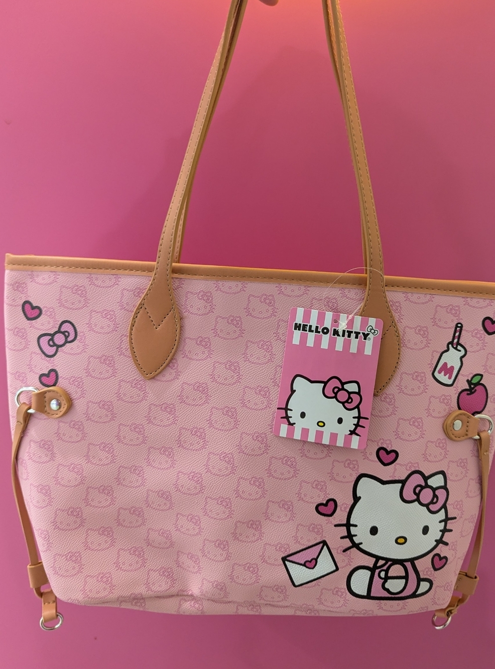 Hello Kitty Pink Tote Monogram Pattern Mail Milk Apple